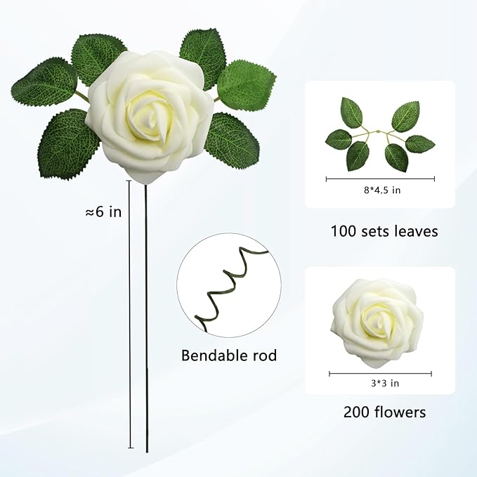 JOYLEX Artificial Flowers Realistic Roses, Real Looking Fake Roses with Stem for DIY Wedding Bouquets Centerpieces Bridal Shower Party Home Romantic Decorations (Milk White, Regular 3" - 200pcs)