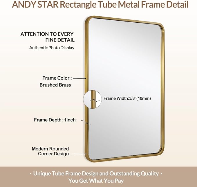 ANDY STAR 40x36 Inch Gold Bathroom Mirror, Brushed Gold Mirrors for Wall in Anti-Rust SUS304 Tube Metal Frame, Rounded Rectangle Mirrors 1’’ Deep Wall Mounted Vertically/Horizontal for Bathroom