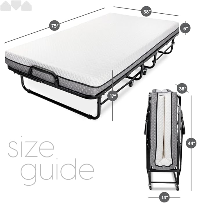 Milliard Deluxe Diplomat Folding Bed with Mattress for Adults, Twin Size, Portable Foldable Bed with Luxurious Memory Foam Mattress & Super Strong Frame, 75” x 38", Fold Up, Roll Away, & Hideaway