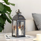 TRIROCKS Decorative Hanging Lantern 13.5'' High Vintage Metal Candle Holder with Tempered Glass Perfect for Living Room Garden Yard Patio Parties Events Indoors Outdoors (Black)