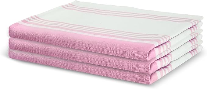 Urban Villa Kitchen Towels 100% Cotton Pack of 6, Highly Absorbent Quick Drying Super Soft Premium Dish Towels for Kitchen with Hanging Loop Hand & Tea Towels - 20x30 Inch, (Pink & White, Striped)