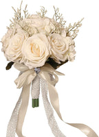 Wedding Bouquets for Bride, Champagne White Bridal Bridesmaid Wedding Flowers, Artificial Toss Rose for Civil Ceremony (Hollow Lace Ribbon Handle)