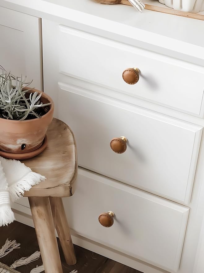 5 Pack Brown Leather Drawer Pulls Round Leather Handles Cabinet knobs for Kitchen Bathroom Cabinets Dressers Furniture Handles
