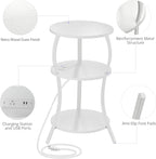 Small Round Side Table with Charging Station, 3-Tier Waist Circular End Table with Storage Shelf, Compact Tea Sofa Side Table Small Spaces, Round Corner Coffee Table for Living Room Bedroon,White