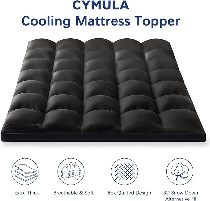 CYMULA Queen Mattress Topper, Black Mattress Pad Bed Topper Cover, Extra Thick Pillow Top Mattress Topper with Deep Pockets, Cooling Plush Down Alternative Fill Mattress Protector
