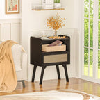 Lerliuo Rattan Nightstands Set of 2, Bedside Table with Drawer Open Shelf, Cane Accent Side End Table with Solid Wood Legs, Black Mid Century Night Stand for Bedroom, Dorm and Small Spaces