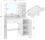 Quimoo Makeup Vanity Desk with Mirror & Lights, Vanity Desk with 5 Drawers & Storage Shelves, Vanity Table, 3 Color Modes & Adjustable Brightness Dressing Table, Bedroom, White