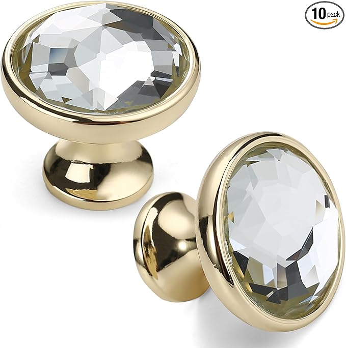 Asidrama 10 Pack Gold Kitchen Cabinet Knobs - Clear Crystal Dresser Knobs for Drawers
