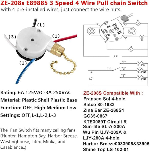 2PS Ceiling Fan Switch Zing Ear ZE-208s E89885 3 Speed 4 Wire Pull Chain Switch Fan Light Switches Replacement Part with 4 Pre-Installed Wires(Brass Chain)
