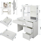 Vabches Makeup Vanity with Lights, 37inch Vanity Desk, 4 Large Drawers Dresser with Lighted Mirror, 3 Lighting Modes Brightness Adjustable, White