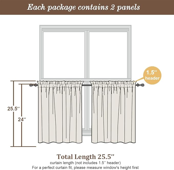Chyhomenyc Sheer Gold Kitchen Tier Curtains 24 Inch Length Set, Small Window Curtains Treatment for Bathroom/Living Room/Cafe/Basement, Short Voile Curtain Tiers 42in x 24in, Rod Pocket, 2 PCS