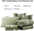 MaiRêve Embroidery King Size Comforter Set Light Olive Green, Farmhouse Western Boho Bedding Set 7 Pieces, All Season Bed in A Bag Comforter Set with Sheets, Pillowcases & Shams