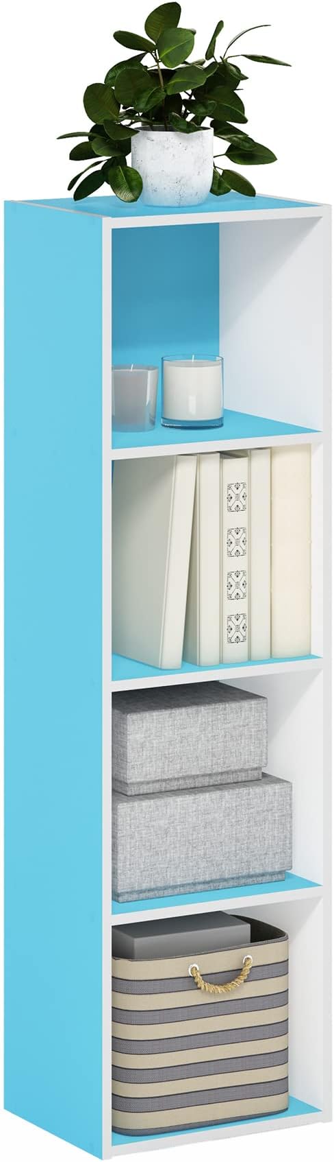 Furinno PASIR Book Shelf, 4-Tier Modern Bookshelf, Open Shelves Bookcase 9" x 12" x 42", for Living Room, Bedroom, Home Office, Light Blue/White