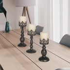 Distressed Black Candle Holders for Pillar Candles Set of 3, Vintage Crown Candle Stands for Table Centerpiece Decor, Tall Antique Metal Candle Holder Set for Fireplace Decoration, Ideal Gift