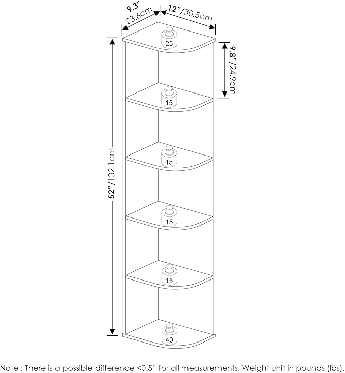 Furinno PASIR Book Shelf, 5-Tier Corner Bookshelf, Open Shelves Bookcase 9.3" x 12" x 51.7", for Living Room, Bedroom, Home Office, Blackwood