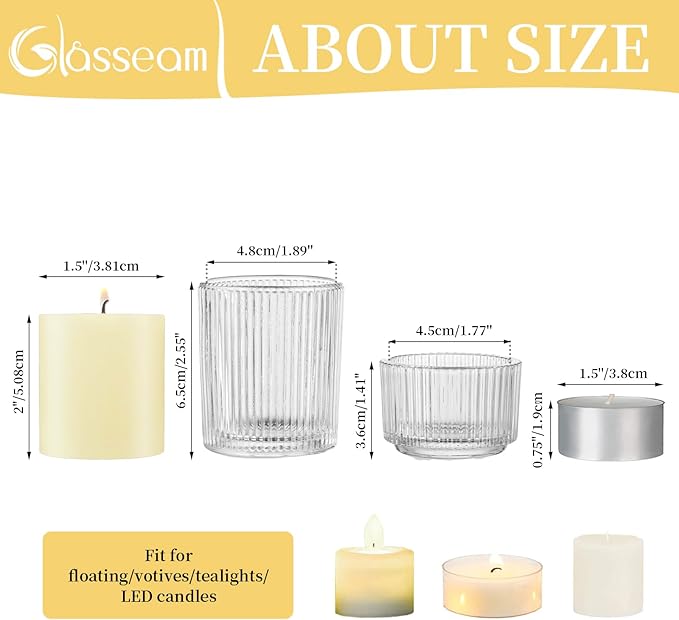 Glasseam Clear Glass Votive Candle Holders: Small Tea Light Candle Holders in Bulk, Ribbed Vintage Candle Holder Set of 24, Decorative Tealight Holders for Wedding Centerpieces Party Decorations