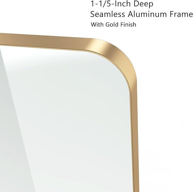 VocalStar Gold Bathroom Mirror for Wall, 40 x 30 Inch Metal Framed Rounded Rectangle Vanity Mirror Modern Farmhouse, 1/4-inch Shatterproof Glass | Ultra-Flush Hanging