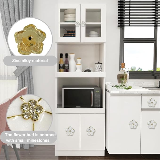 4 pcs Kitchen Handle Petal Knob Hand Zinc Alloy Single Hole Knob Inlaid Rhinestone Hand Handle for Cabinets,Drawers, Wardrobes Furniture Decoration(White)