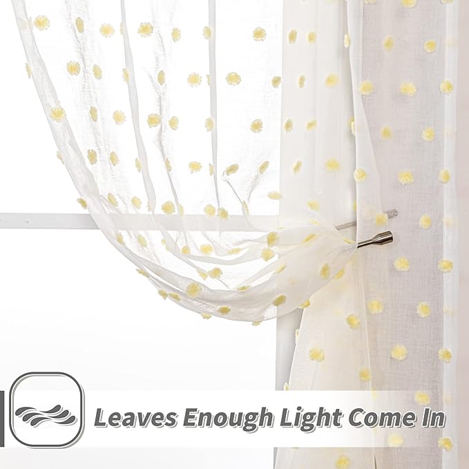 MYSKY HOME 95 Inch Length Long Pom Pom Curtains for Bedroom, Living Room & Sliding Doors - Yellow Sheer, Mustard Backdrop - 52 x 95 in, 2 Panels
