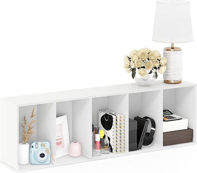 Furinno LUDER Book Shelf, 5-Tier Bookshelf, Bookcase, 9.4" x 15.8" x 52", for Living Room, Bedroom, Home Office, White