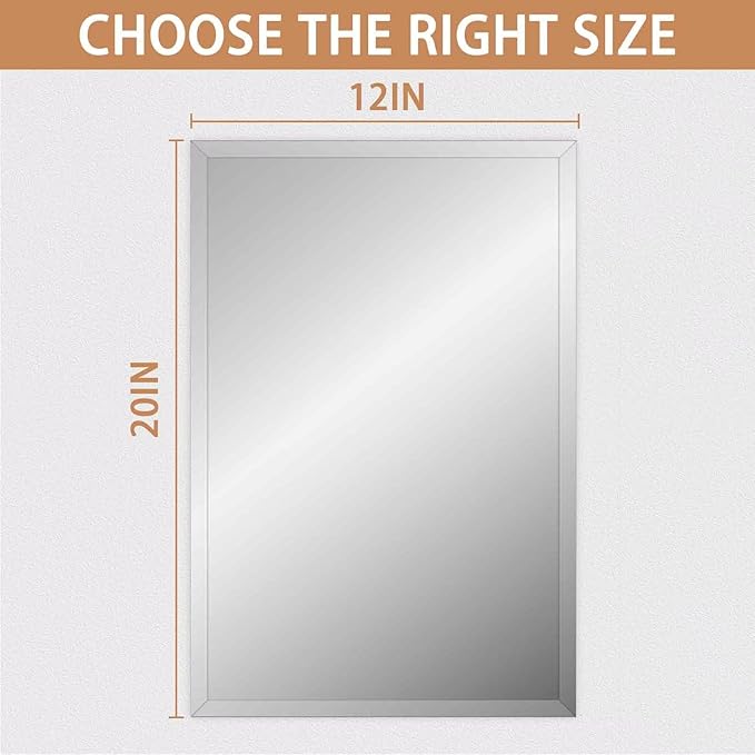 Frameless Mirror for Bathroom Vanity,12x20in Wall Mounted Mirrors for Over Sink Decorative Rectangular Frameless Mirror,With Polished Edge,Hangs Horizontally Or Vertically,Entryways,Room,Shatterproof