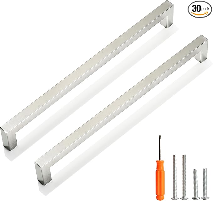 Cabinet Pulls Brushed Nickel Cabinet Handles Square Drawer Pulls, 30 Pack 10 Inch Stainless Steel Kitchen Door Cupboard Cabinet Handles, Cabinet Hardware Drawer Handles, 256mm Hole Centers