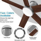 wurzee 52 Inch Flush Mount Ceiling Fan, Matte Silver Ceiling Fan with Light, Reversible DC Motors, Dimmable,Timer, Noiseless, Ceiling fan for Indoor & Outdoor Farmhouses, Dining Rooms