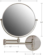 OVENTE 9" Wall Mounted Makeup Mirror with 1X/10X Magnification, Double Sided Magnifying Round Bathroom Vanity Mirror, 360° Swivel Design, Extendable and Folding Arm, Nickel Brushed MNLFW90BR1X10X