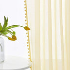 Treatmentex Pompom Sheer Yellow Curtains for Living Room Bedroom Nursery Room 72 inch Long Linen Texture Curtain Drapes for Kids Room 2 Panels Rod Pocket