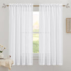 RYB HOME Semi Sheer Curtains 63 inches Length, Short Linen Textured Breathable Curtains Panels for Bay Window Farmhouse, Rod Pocket, Indoor, White, 52 x 63 Inch Length 2 Panels