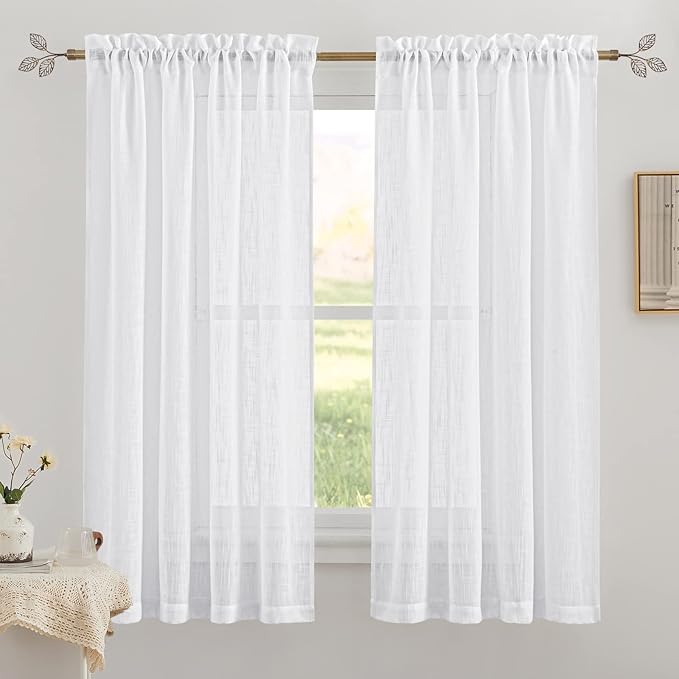 RYB HOME White Curtains for Bedroom Linen Textured Blend Semi Sheer Curtains Privacy Light Airy Sheers for Bathroom Living Room Cafe, White, 70 inch Wide x 63 inch Long, 2 Panels