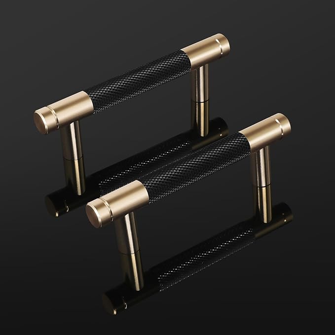 Knurled Cabinet Pulls 12 Pack, 4 Inch Long Cabinet Handles Metal Door Pulls, Kitchen Drawer Pull Knurled Dresser Handles - 3" Hole to Hole, Black & Gold