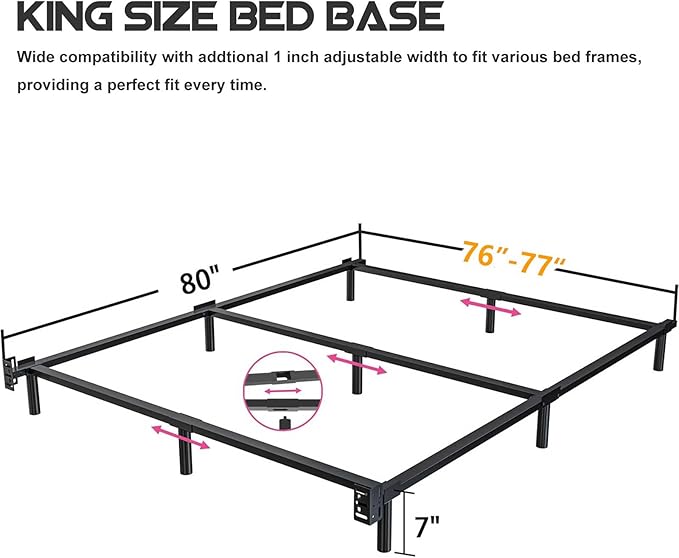 King Size Bed Frame, 7 Inch Metal Basics Bed Frame,Low Profile Base for Box Spring, 9-Leg Support, Noise-Free, Easy Assembly, Black