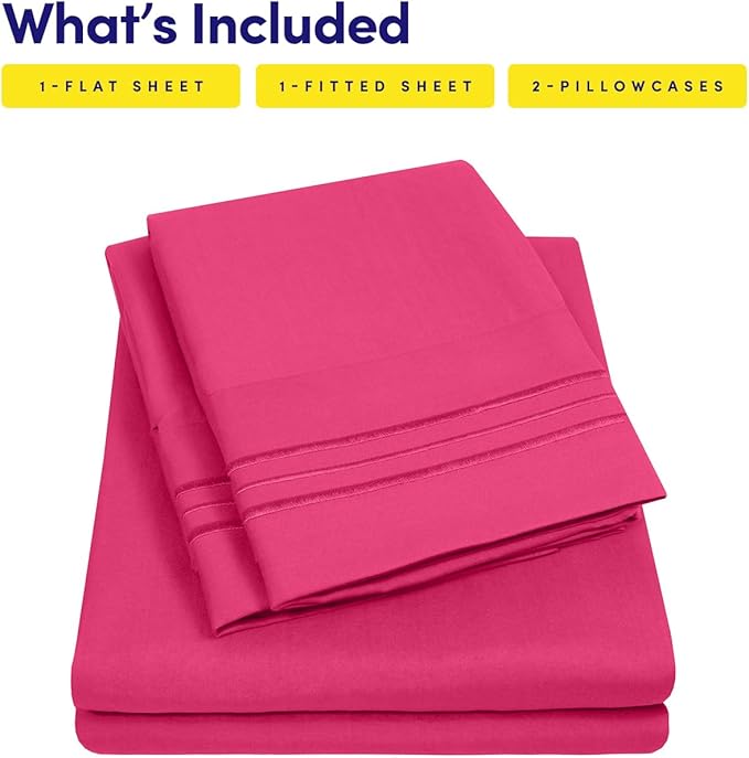 Sweet Home Collection King Size Sheet Set with Built-in Sheet Straps - Deep Pocket Fitted Sheet, Flat Sheet & Pillowcases - Soft, Wrinkle-Free, Secure Fit - Fuschia