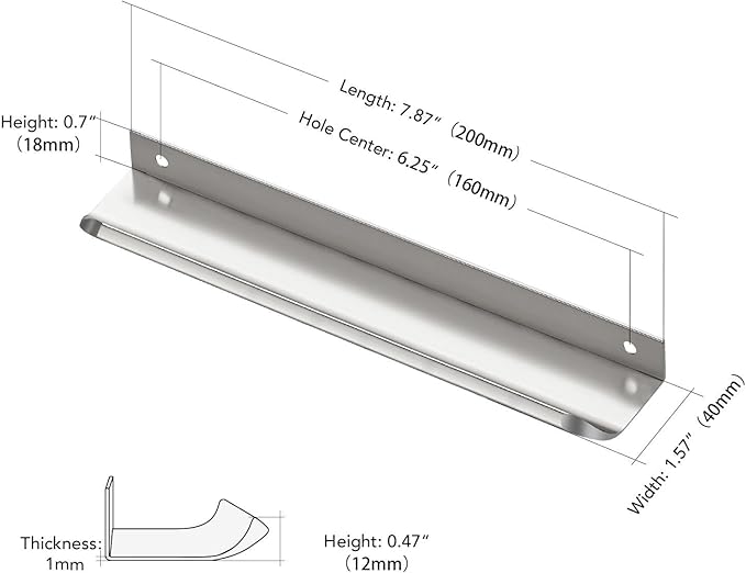 Ravinte Hardware 6 Pack Silver Cabinet Handles, 7.8 Inch (200mm) Finger Edge Pulls, 6-1/4 Inch Hole Center, Finger Pulls for Cabinets
