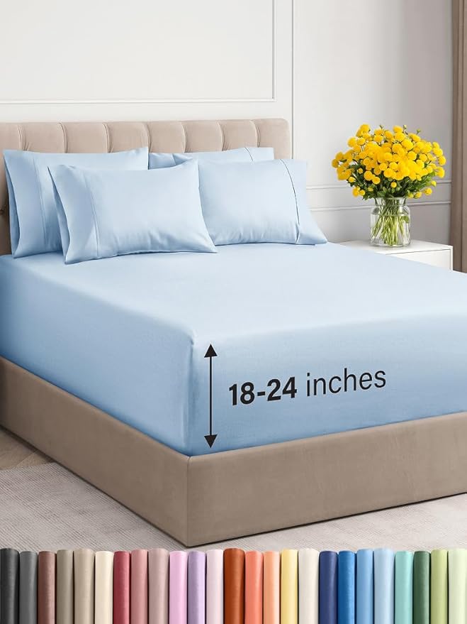 Extra Deep Queen Sheet Set - 6 Piece Breathable & Cooling Sheets - Hotel Luxury Bed Sheets Set - Easy & Secure Fit - Soft, Wrinkle Free & Comfy Sheets Set - Sky Blue Sheet Set with Extra Deep Pockets