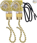 Ceiling Fan Switch Zing Ear ZE-109 Two-Wire Light With Pull Cords for Fans, Lamps and Wall Lights - Pull Chain Control Replacement On-Off, 2 Pack (Brass)