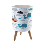 Small Trash Can with Lid Childish Seamless Whale Boat Clouds Waves Scandinavian Style Summer Garbage Bin Pet Proof Waste Basket for Kitchen Bathroom Office Bedroom Decorative 1.8 Gallon