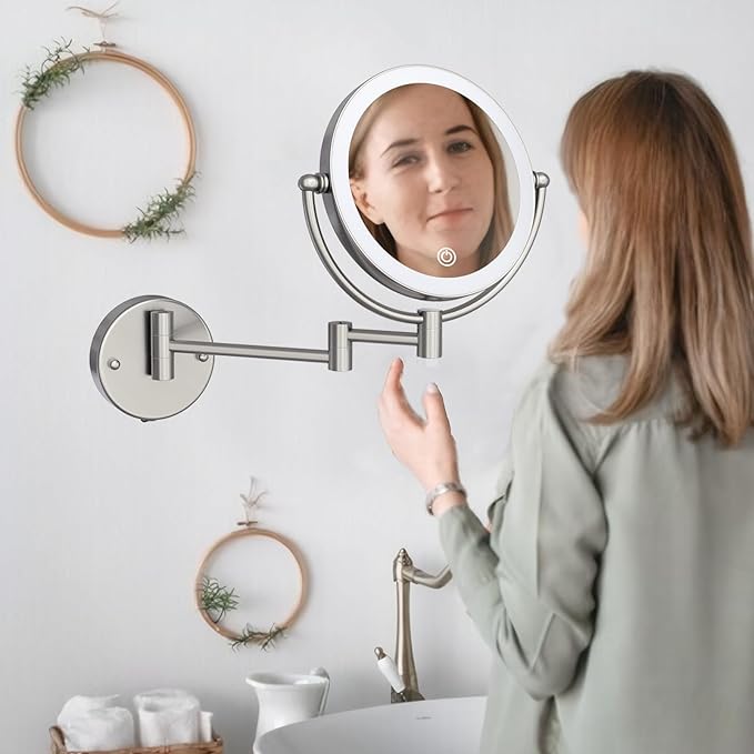 Hard Wired Makeup Mirror with Lights Wall Mounted with Magnification, 8 Inch Double Sides 10X Magnifying Bathroom Mirror 3 Color Lighting Touch Dimming, Extended Arm Shaving Mirror, Brushed Nickel