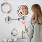 Makeup Mirror Wall Mounted with Lights and 10X Magnification, 8 Inches Rechargeable Double Sided Magnifying, Touch Dimmable Extended Arm 360 Rotation, Foldable Cosmetic Mirror Brushed Nickel