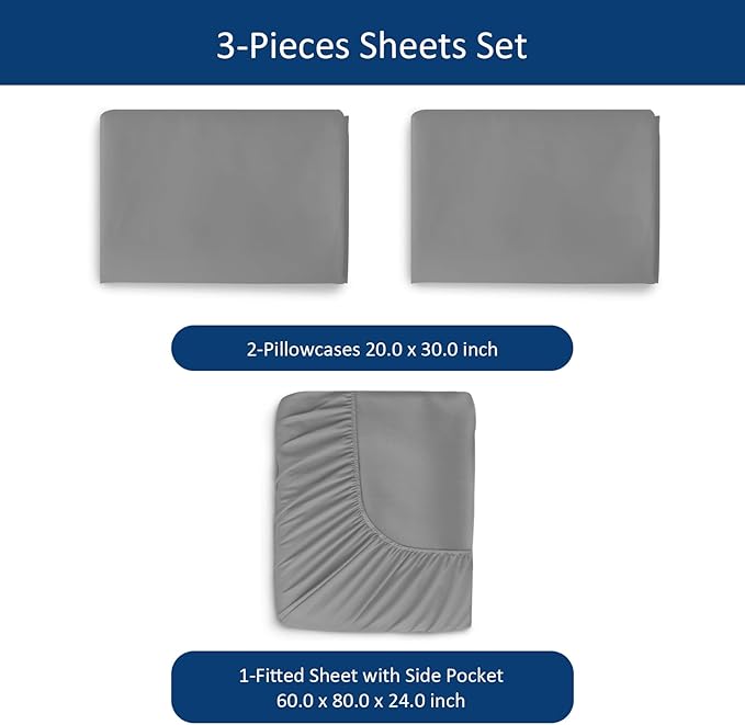 Moonsea Extra Deep Pocket Queen Sheet Sets for Air Mattress - Deep Pocket Sheets Queen Size Sets - Sheets with Pocket on Side - Easily Fits Extra Deep 16 in to 24 in Pillow Top Air Mattress (Grey)