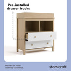 Storkcraft Alpine Nursery Changing Table Dresser Combo (White with Driftwood) – GREENGUARD Gold Certified, Dresser for Nursery, Changing Table with Drawers, Removable Changing Table Topper