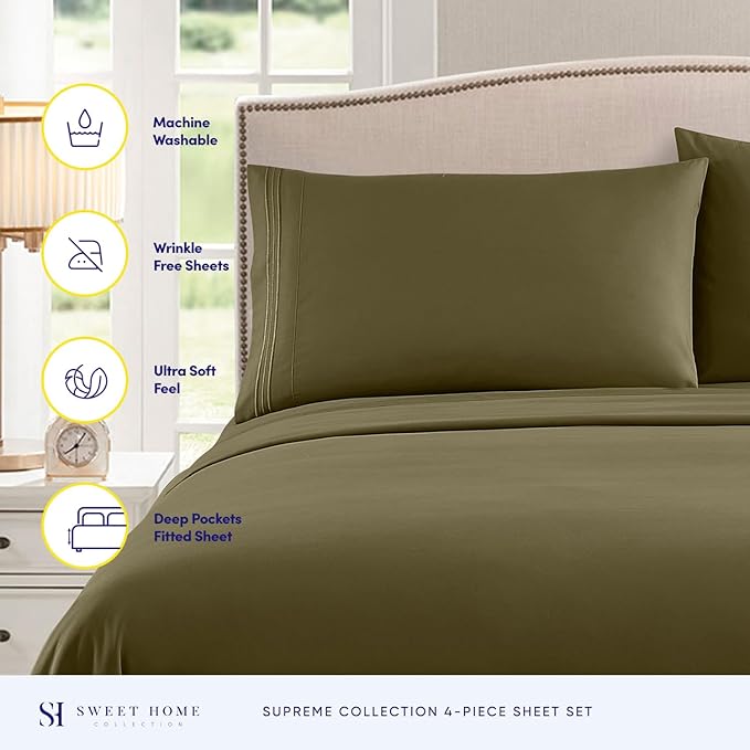 Full Size Sheet Sets - Breathable Luxury Sheets with Full Elastic & Secure Corner Straps Built In - 1800 Supreme Collection Extra Soft Deep Pocket Bedding Set, Sheet Set, Full, Olive