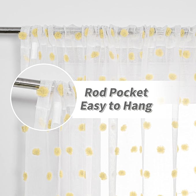 MYSKY HOME 120 Inch Long Living Room Curtains for Windows Sliding Door Yellow Pom Pom Curtains for Bedroom Set of 2 Sheer Curtains Farmhouse Rod Pocket Parties Backdrops 52" x 120"