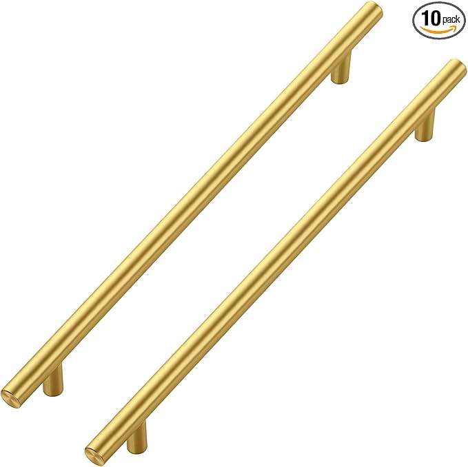 JOY DECOR 10 Pack Cabinet Handles, Gold Cabinet Pulls, 10 in Hole Center Kitchen Cabinet Handles, Stainless Steel T Bar Handles for Dresser Drawers