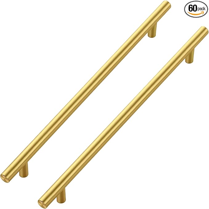 JOY DECOR 60 Pack Cabinet Handles, Gold Cabinet Pulls, 10 in Hole Center Kitchen Cabinet Handles, Stainless Steel T Bar Handles for Dresser Drawers