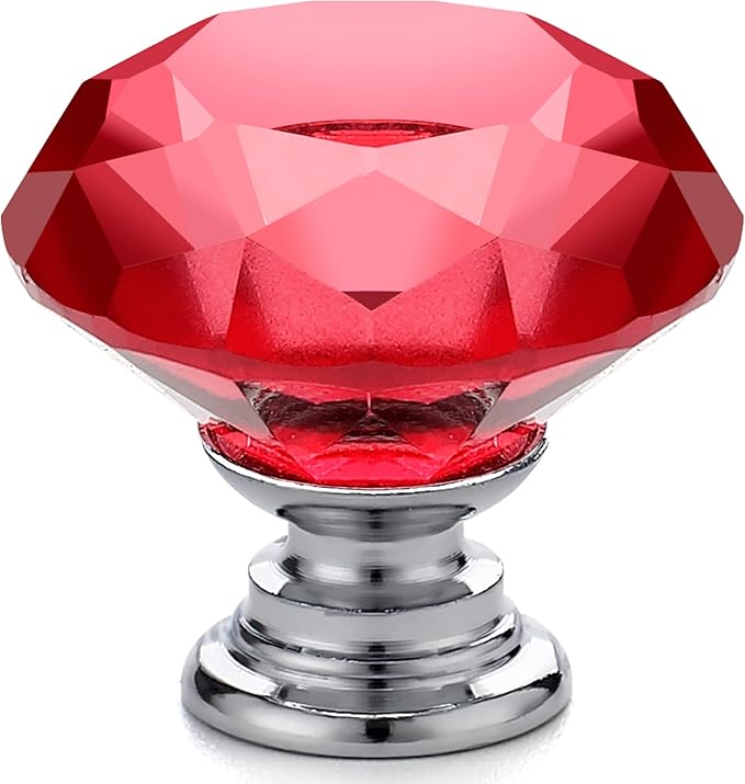 Ravinte 5 Pack Red Crystal Knobs for Dresser Drawers Glass Cabinet Knobs Diamond Shaped Drawer Knobs - 30 mm Knobs with Silver Base