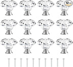 [12 PCS] 30mm Crystal Clear Glass Cabinet Drawer Pulls, Attom Tech Diamond Shape Cupboard Knobs with Screws for Kitchen, Dresser, Cupboard, Bathroom, Wardrobe (1.2 inch / 30 mm)