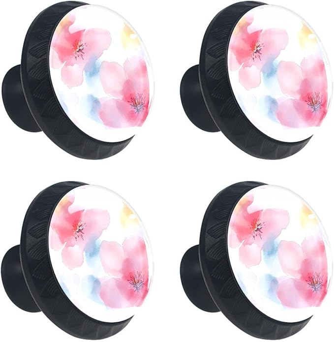 4 Pieces Drawer Knobs Pink Flowers Watercolor Seamless Pattern 35mm Black Base Dresser Knobs Closet Door Cabinet Hardware Handles Pulls for Kitchen Bedroom Cupboard