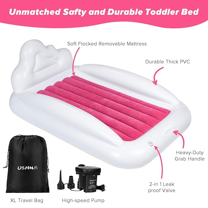 Inflatable Toddler Travel Bed, Double-Sided Kids Air Mattress | Kids Blow up Mattress with Sides | Travel Portable Toddler Bed for Travel, Sleepovers - Pink & & Aquamarine